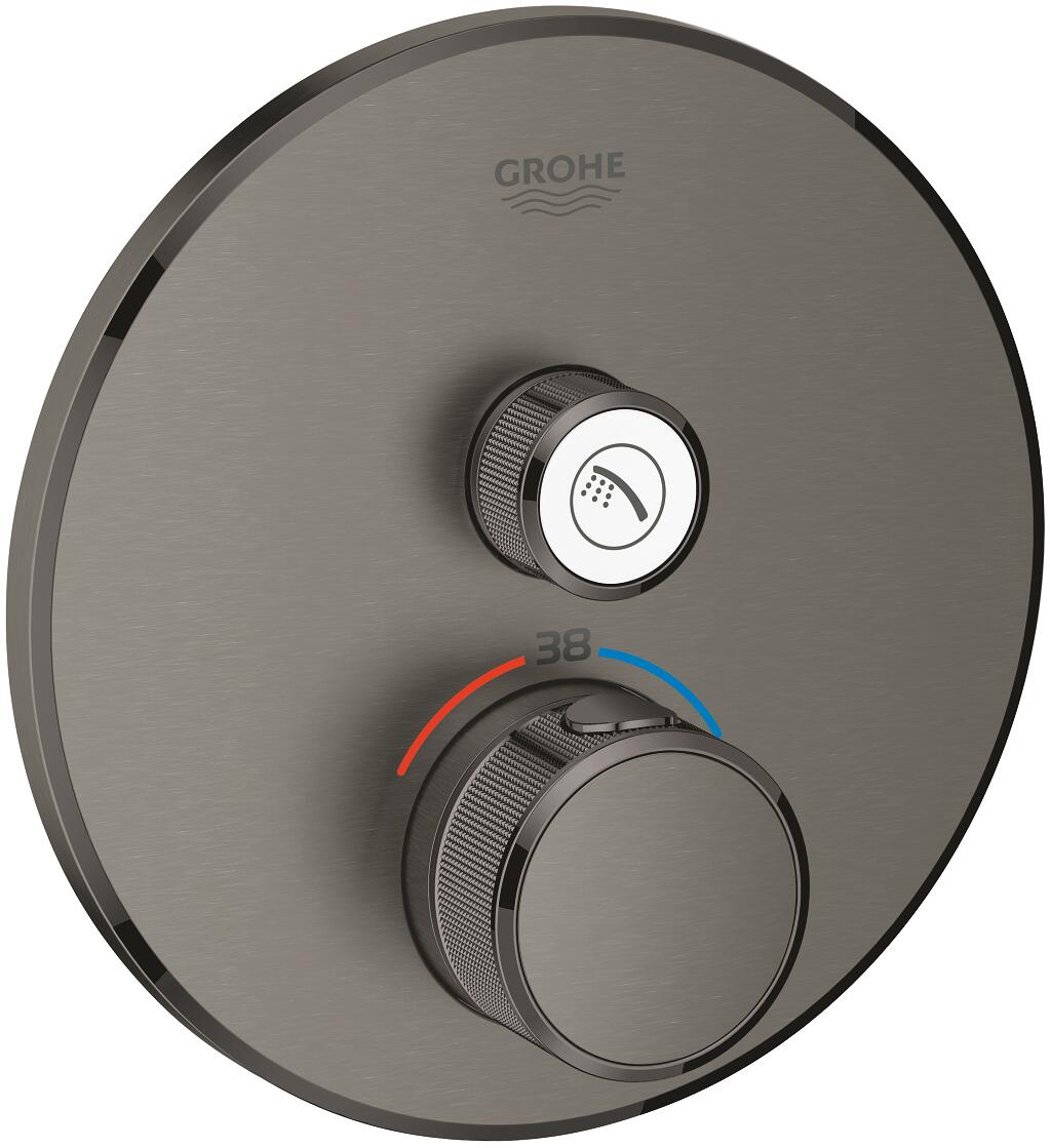 GROHE Grohtherm SmartControl Thermostat, mit einem Absperrventil, Fertigmontageset für Rapido SmartBox, EcoJoy, Wandrosette rund, hard graphite gebürs