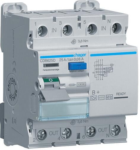 Hager CDB625D Fehlerstromschutzschalter, FI-Schalter 4 polig 10kA 25A 30mA Typ B+