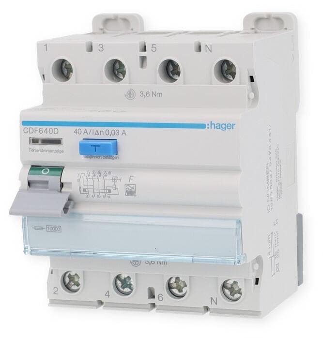 Hager CDF640D Fehlerstromschutzschalter, FI-Schalter 4-polig 10kA 40A 30mA Typ F