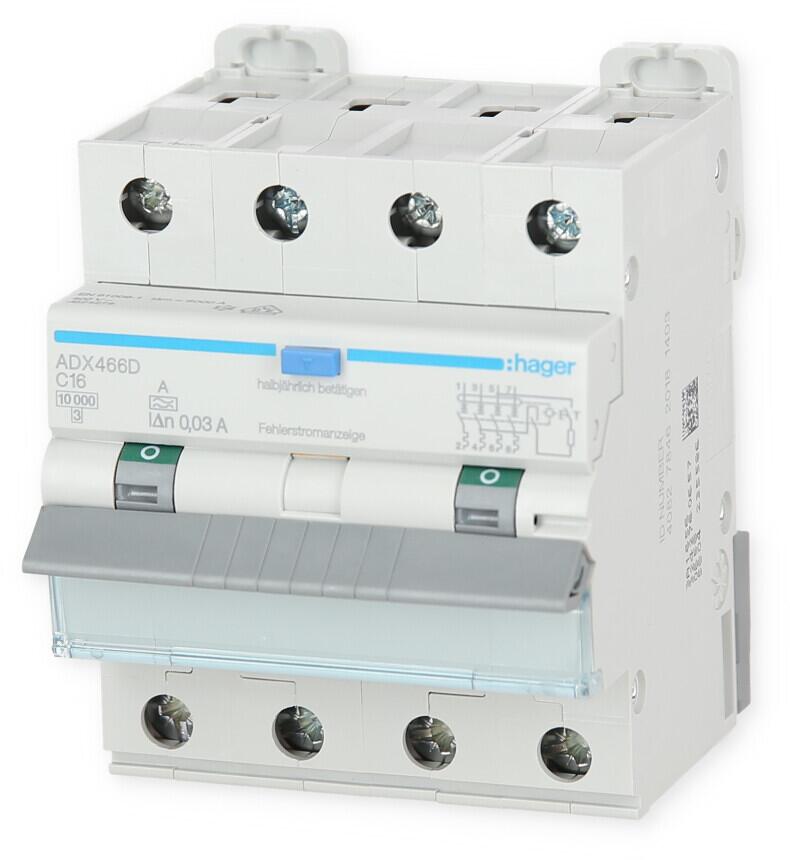 Hager ADX466D Fehlerstrom-Leitungsschutzschalter, FI/LS-Schalter, 4P 10kA C-16A 30mA Typ A