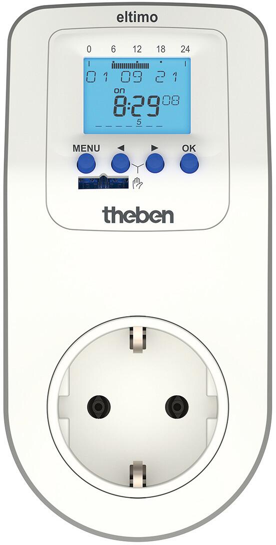 Theben Eltimo 020 top3 Digitale Steckdosen-Zeitschaltuhr 1 Kanal, Wochenprogramm, Zufallsprogramm, 300 W LED, 1 Minute Schaltzeit 0200130