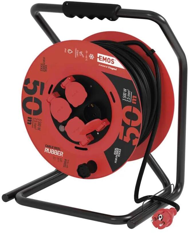 EMOS P19221 Kabeltrommel, SCHUKO, 4 Steckdosen, Länge 25m, 2,5mm², H05RR-F, Gummi, schwarz (1928545011)
