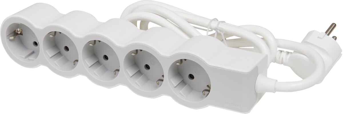 Legrand Flache Steckdosenleiste, 5-fach Steckdose, Mehrfachsteckdose, 5m Kabellänge, Ultraweiß/Grau (694571)