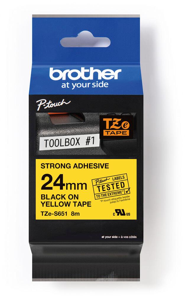 Brother TZe-S651 Schriftband für Beschriftungsgeräte, extra-stark klebend, 24mm, 8m, schwarz/gelb