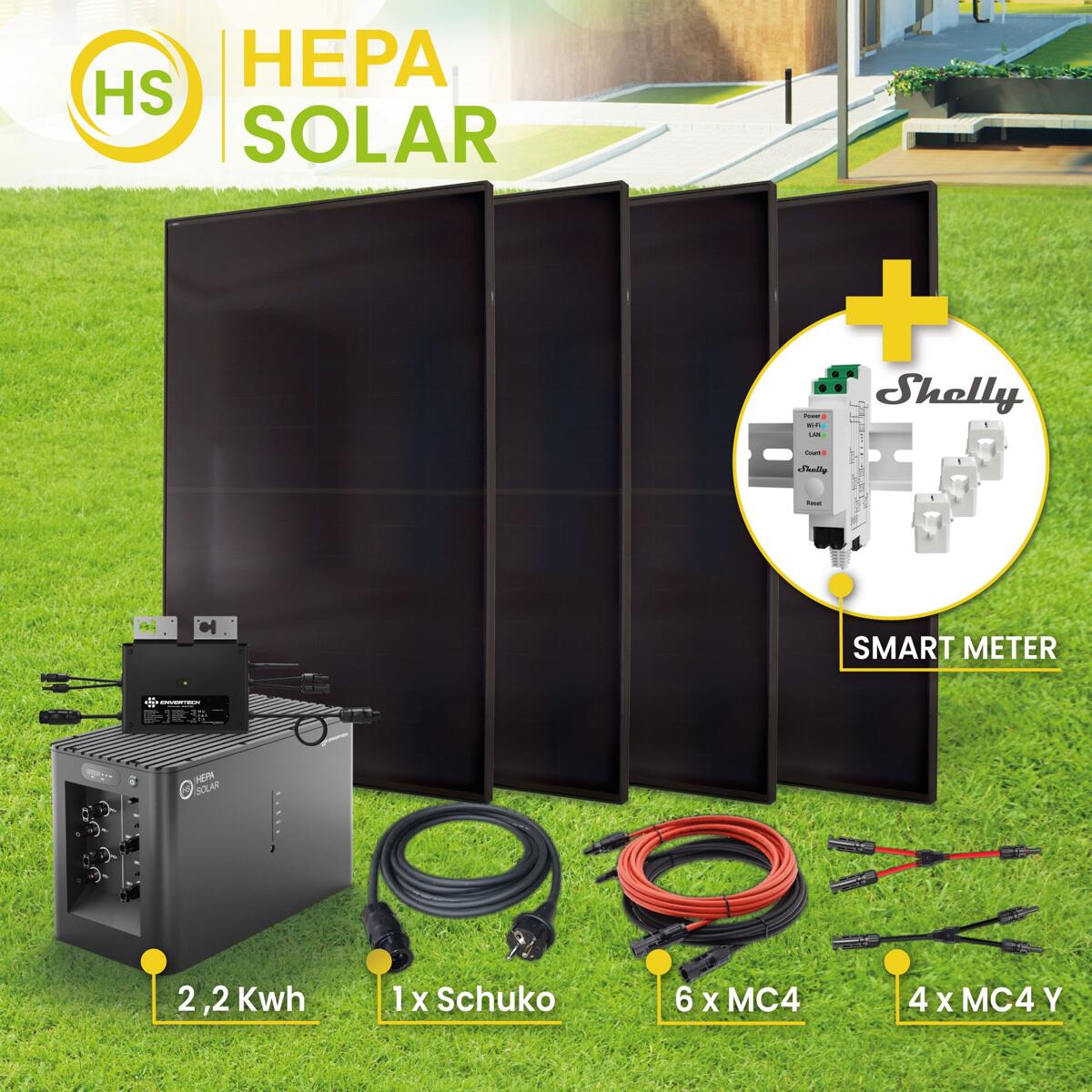 HEPA Solar POWER-KIT LITE 1760 SMART HPBC-PV-Module inkl. Mikrowechselrichter 800W, Powercube, SHELLY Smart Meter und Zubehör (300120176001)