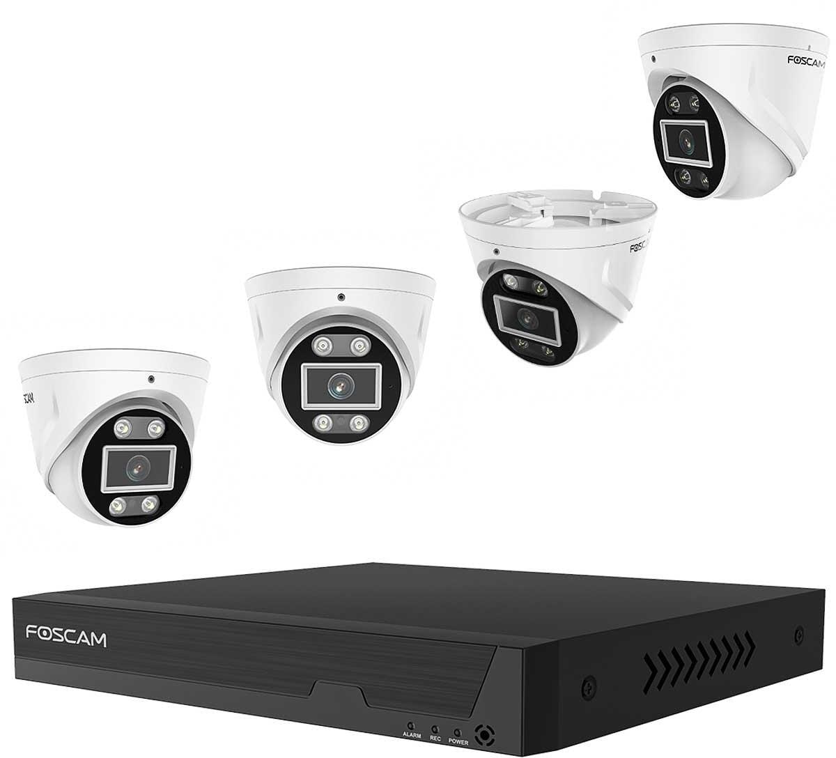 Foscam FN 9108 E T4 2T Dome Outoor 8-KANAL 3K 5 MP PoE Komplettset Für Die Videoüberachung mit 4 Überwachungskameras, schwarz
