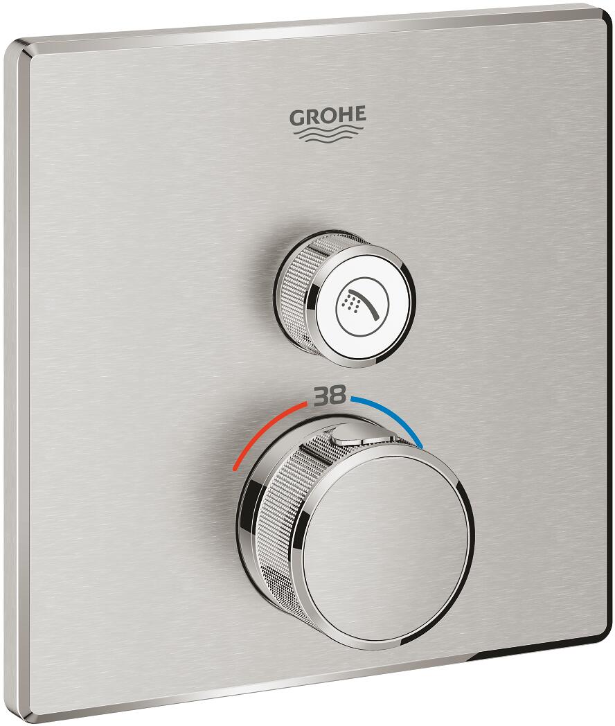 GROHE Grohtherm SmartControl Thermostat, mit einem Absperrventil, Fertigmontageset für Rapido SmartBox, EcoJoy Wandrosette eckig, supersteel (29123DC0