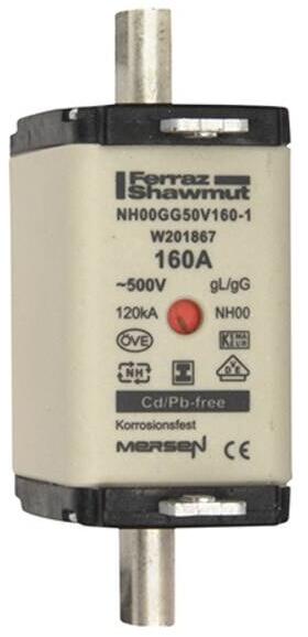 Mersen NH00GG50V160-1 Sicherungseinsatz gG NH00, 160A, Doppelkennmelder, spannungsfreie Metallgrifflaschen (W201867)