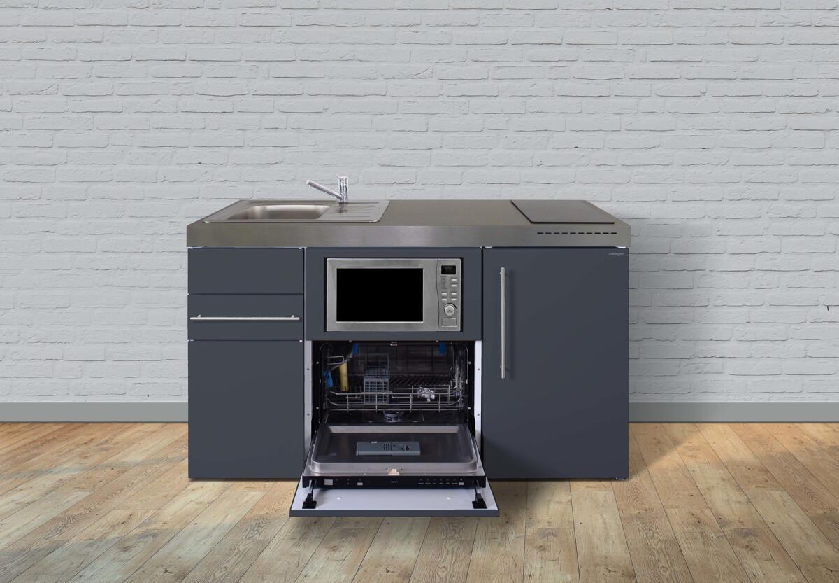 Stengel MPGSM 150 Miniküche, 150cm breit, Induktionskochfeld, Kühlschrank mit Gefrierfach, Geschirrspüler 6 Maßgedecke, mit Mikrowelle, Becken rechts,