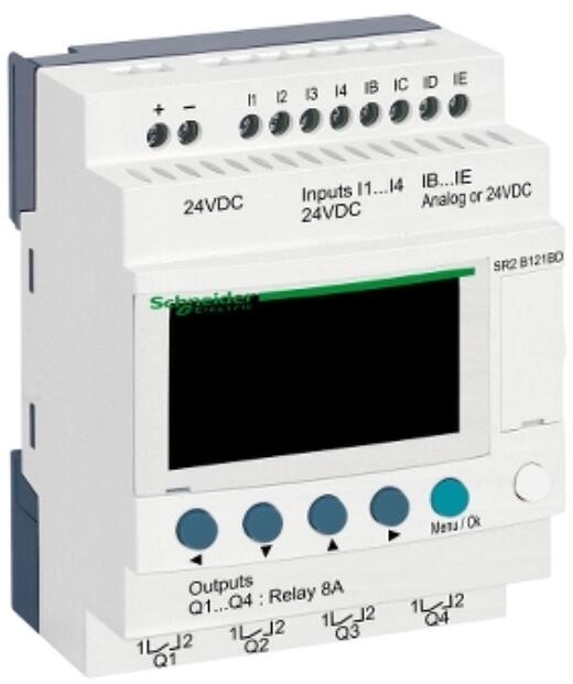 Schneider Electric SR2B121BD SPS-Steuerrelais, Zelio Logic, kompakte Ausführung, 12 E/A, 24 VDC, Display, Uhr, Relaisausgänge