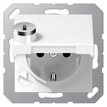 Jung A1520BFKLSLWW Schuko Steckdose 16A 250V, Thermoplast hochglänzend, mit Klappdeckel, abschließbar, alpinweiß