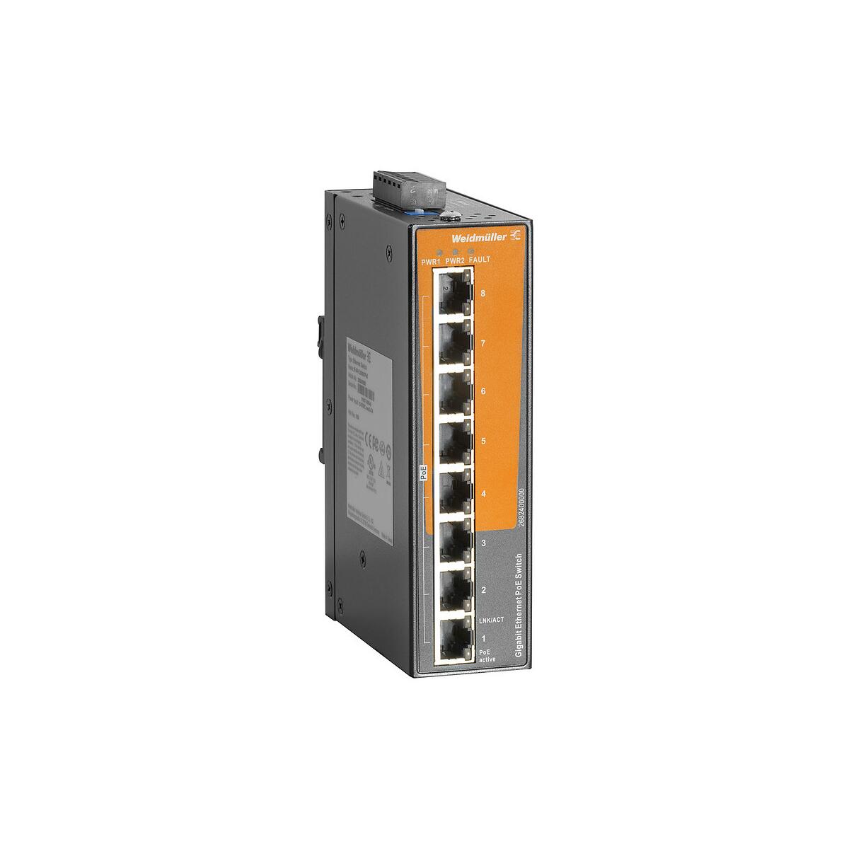 Weidmüller IE-SW-EL08-8GTPOE Netzwerk-Switch, unmanaged PoE, Gigabit Ethernet, 8x RJ45 10/100/1000 BaseT(X) PoE+, IP30, -40 °C - 70 °C (2682400000)