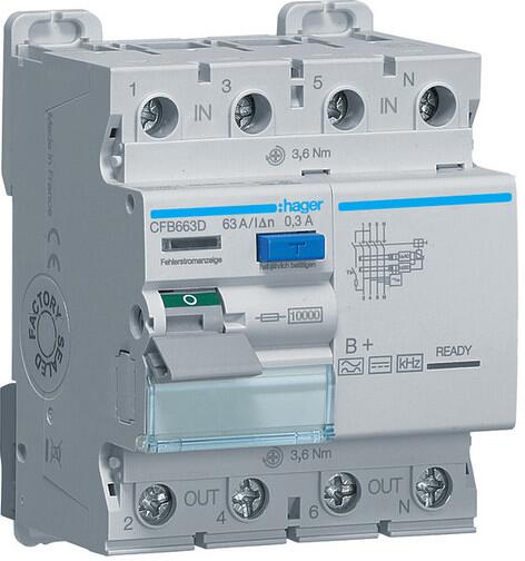 Hager CFB663D Fehlerstromschutzschalter, FI-Schalter 4 polig 10kA 63A 300mA Typ B+