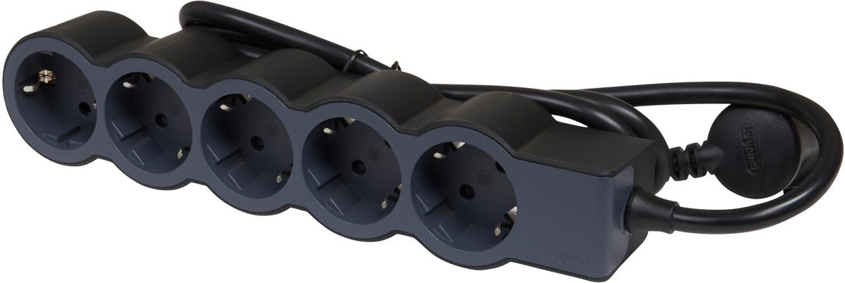 Legrand Flache Steckdosenleiste, 5-fach Steckdose, Mehrfachsteckdose, 1,5m Kabellänge, Schwarz/Dunkelgrau (694556)