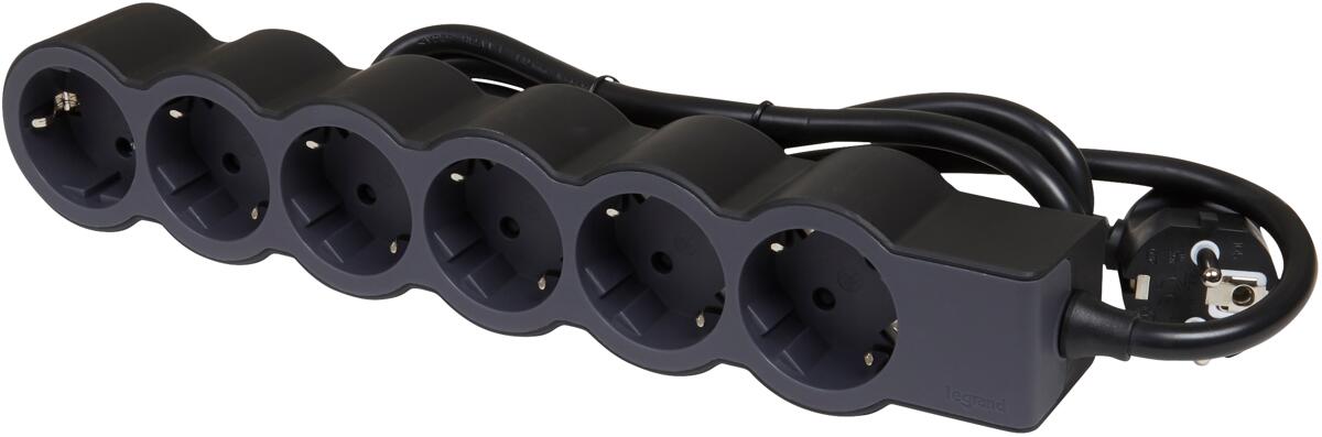 Legrand Flache Steckdosenleiste, 6-fach Steckdose, Mehrfachsteckdose, 3m Kabellänge, Schwarz/Dunkelgrau (694566)