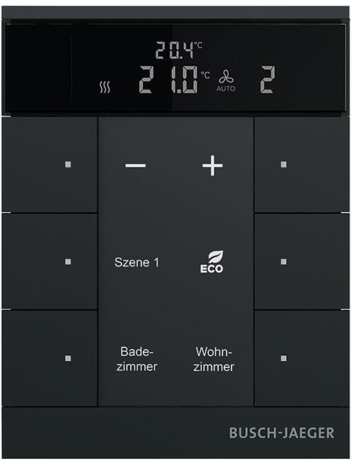 Busch-Jaeger SBR-F-6.0.11-885 Raumtemperaturregler mit Bedienfunktion 6-fach Busch-Tenton , Free@Home, Schwarz Matt (2CKA006220A0900)