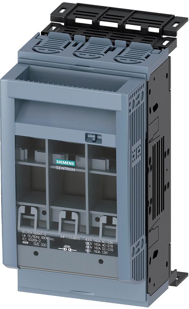 Siemens 3NP1133-1BB10 Sentron Sicherungslasttrennschalter 3NP1, 3-polig, NH00, 160 A, für Sammelschienensystem 8US 40mm, Flachanschluss