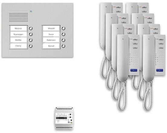 TCS PPU08/2-EN/02 pre:pack Audio Unterputz für 8 Wohneinheiten, mit Außenstation PUK, 8 Klingeltasten 2-spaltig + 8 x Türtelefon ISH3030 + Steuergerät