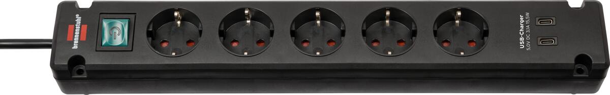 Brennenstuhl Bremounta Steckdosenleiste mit 2 USB C-Ladebuchsen, 5-fach, Sicherheitsschalter, schwarz (1150660415)