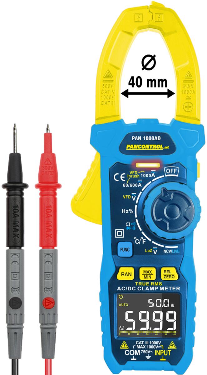 Pancontrol PAN 1000AD Digital-Stromzange, 1000A AC/DC, True RMS + Einschaltstrommessung, LoZ, VFC, kontaktlosem Spannungsprüfer + Phasenprüfer