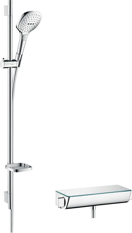 hansgrohe Raindance Select E Brausesystem Aufputz 120 3 Strahlarten mit Ecostat Select Thermostat und Duschstange 90 cm, Messing, 14,4 l/min, 120 mm,