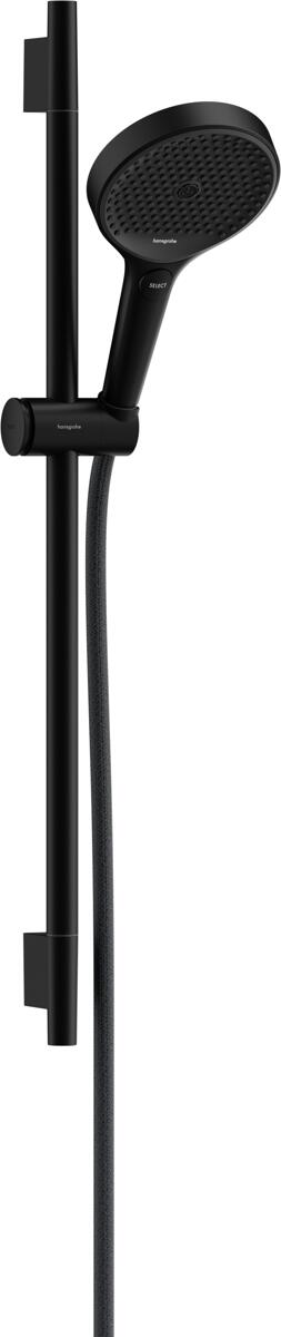 hansgrohe Rainfinity Duschset 130 3 Strahlarten mit Duschstange S Puro 65 cm, Push-Duschkopfhalterung und Designflex Textilbrauseschlauch 160 cm, Meta
