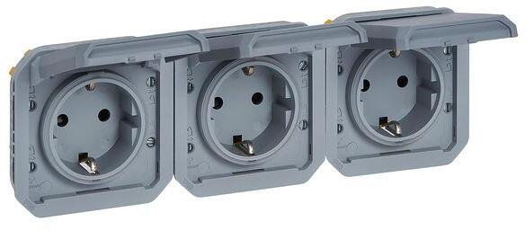 Legrand Plexo New Einsatz 3-fach vorverdrahtete Schutzkontakt-Steckdose, horizontal, Steckklemmen (SL), IP 44, grau (069578L)