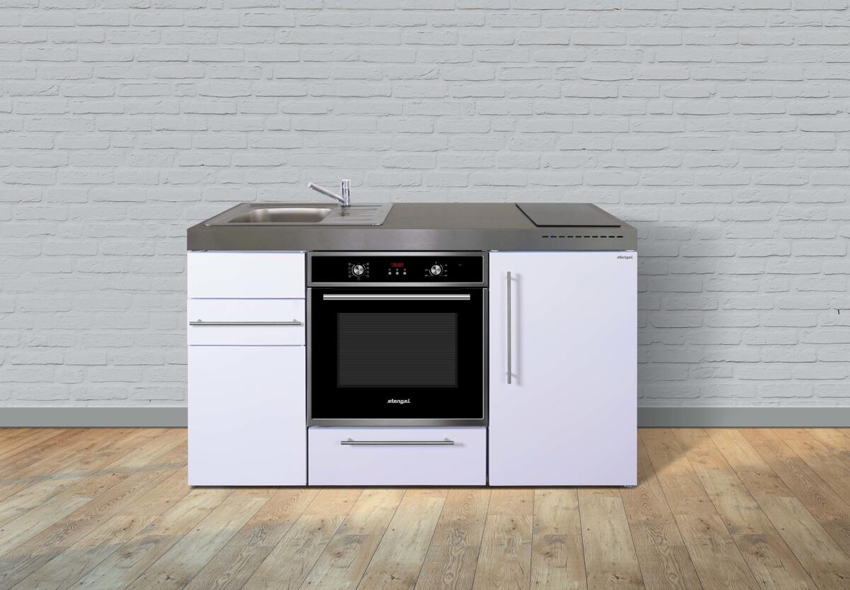 Stengel MPB 150 Miniküche, 150cm breit, Glaskeramikkochfeld, Kühlschrank mit Gefrierfach, mit Backofen, Becken links, weiß (10150 106641 00)