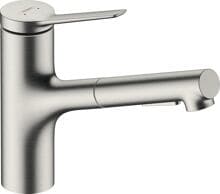 hansgrohe Zesis M33 Einhebel-Küchenarmatur 150, Metall Ausziehbrause, 2 Strahlarten, Schlauchbox, Messing, 140 mm, G ⅜ Anschlussschläuche, mit Rückflussverhinderer, Edelstahl Finish (74821800)
