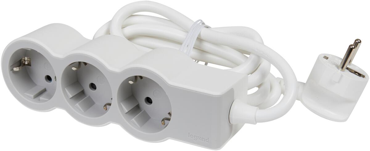 Legrand Flache Steckdosenleiste, 3-fach Steckdose, Mehrfachsteckdose, 3m Kabellänge, Ultraweiß/Grau (694559)