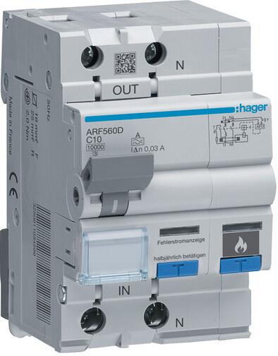 Hager ARF560D Fehlerlichtbogen-Schutzeinrichtung AFDD mit FI-LS 1P+N 10kA C-10A 30mA Typ A 3M