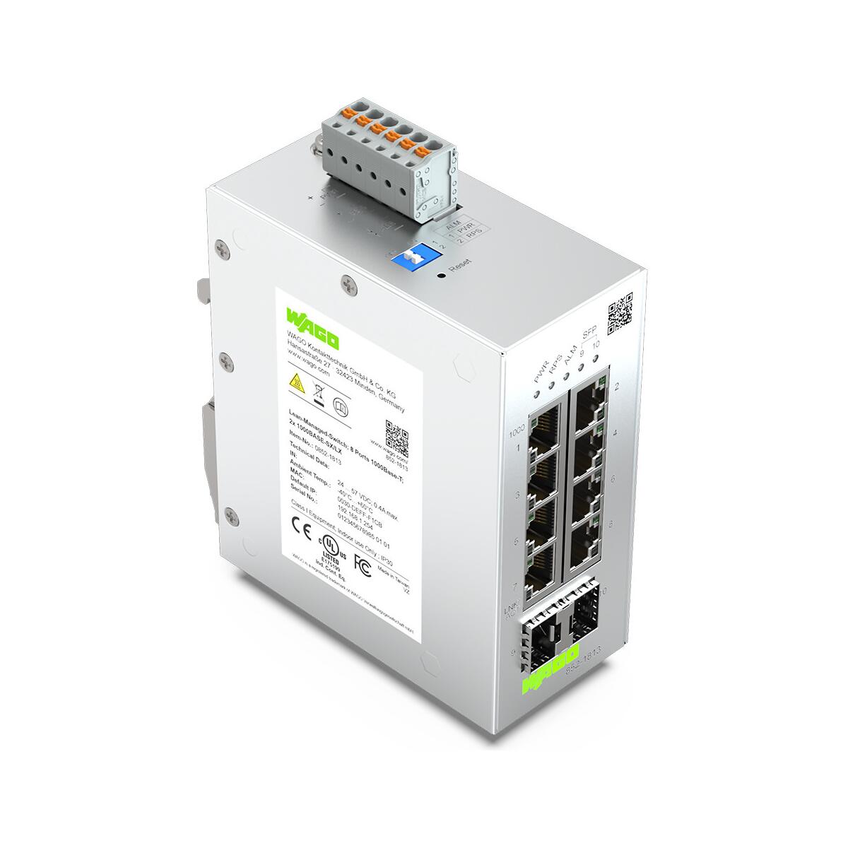Wago 852-1813 Lean-Managed-Switch, 8-Port, 1000Base-T, 2-Slot 1000Base-SX/LX