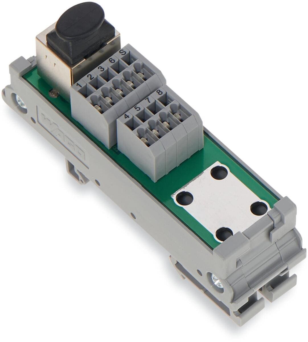 Wago 289-175 Übergabemodul, RJ-45, Leiterplattenklemmen, 2-reihig, Cat. 5, im Montagesockel; mit Schirmanschluss, mit Schirmklemmbügel. 1,50 mm²