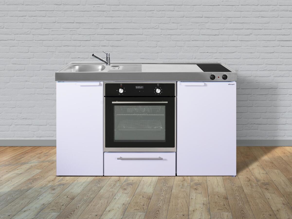 Stengel MKB 150 Miniküche, 150cm breit, Elektrokochfeld, Kühlschrank mit Gefrierfach, mit Backofen, Becken links, weiß (11150 006021 00)