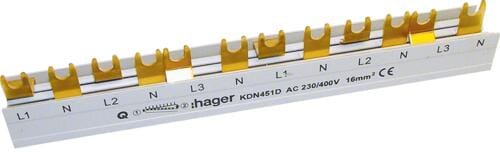 Hager KDN451D Phasenschiene, 3-polig + N, 80A, Gabel, 16mm², 12 Module, Länge 215mm