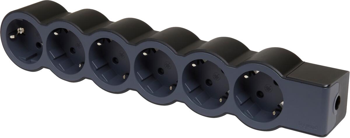 Legrand Flache Steckdosenleiste, 6-fach Steckdose, Mehrfachsteckdose, ohne Kabel, Schwarz/Dunkelgrau (694580)