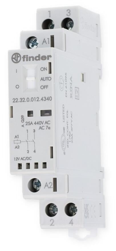 Finder 22.32.0.012.4340 Installationsschütz 12V, 2 Schließer, 25A, Auto-Off, LED Anzeige