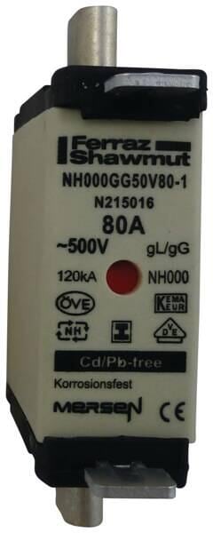 Mersen NH000GG50V80-1 Sicherungseinsatz gG NH000, 80A, Doppelkennmelder, spannungsfreie Metallgrifflaschen (N215016)