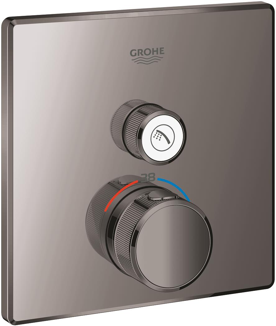 GROHE Grohtherm SmartControl Thermostat, mit einem Absperrventil, Fertigmontageset für Rapido SmartBox, EcoJoy Wandrosette eckig, hard graphite (29123