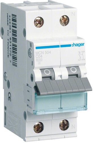 Hager MCN504 Leitungsschutzschalter 1P+N 6kA C-Charakteristik 4A 2 Module
