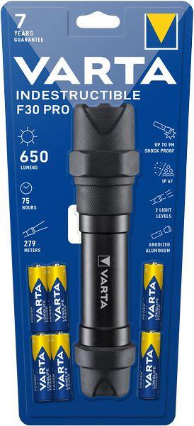 VARTA 18714 Taschenlampe Indestructible F30 Pro, 650 lm, 75h, 279m, schwarz (18714)