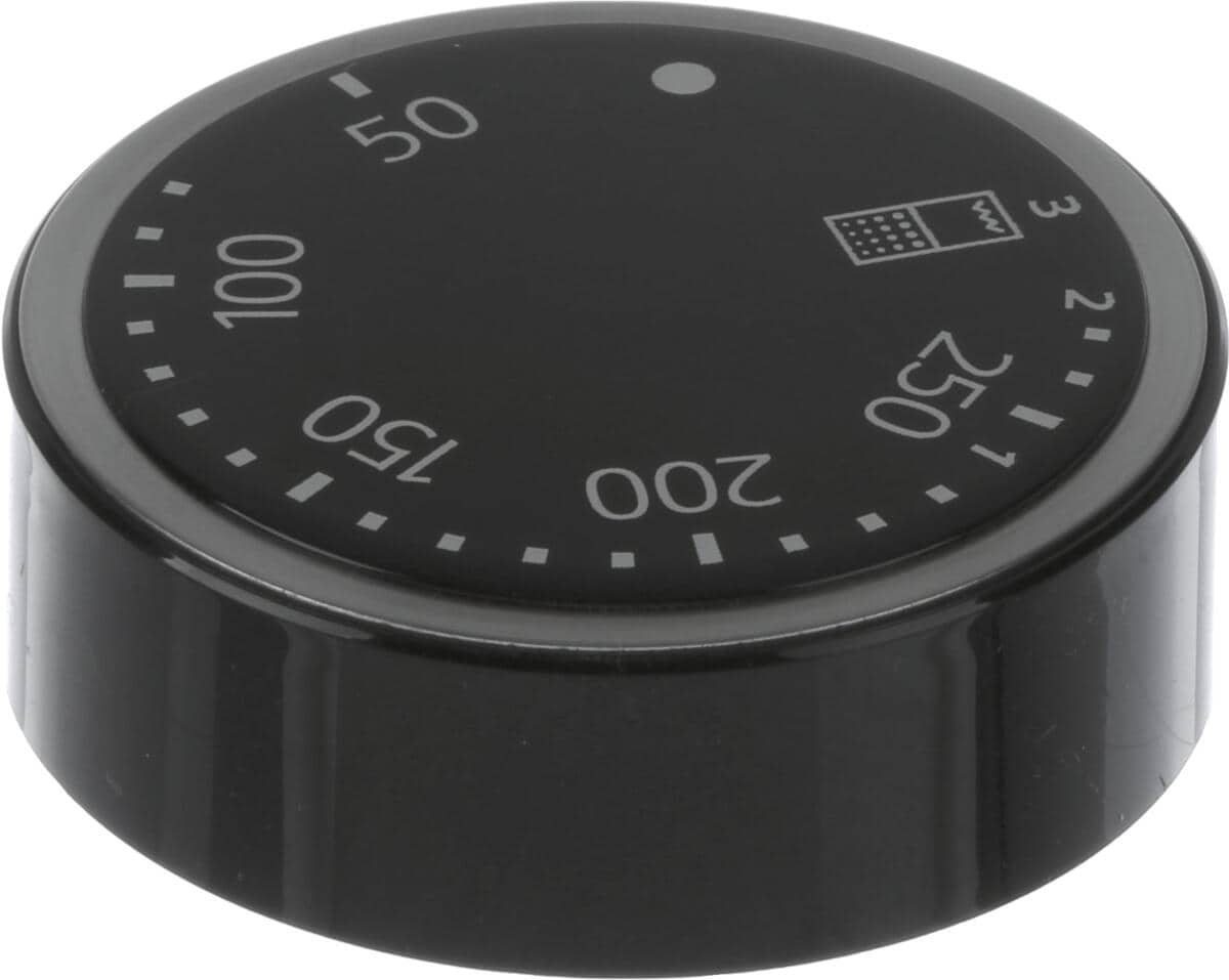Bosch Siemens 10011605 Drehgriff-Temperatur, rund, feststehend, schwarz, unbeleuchtet;, Bedruckungsfarbe: hellgrau