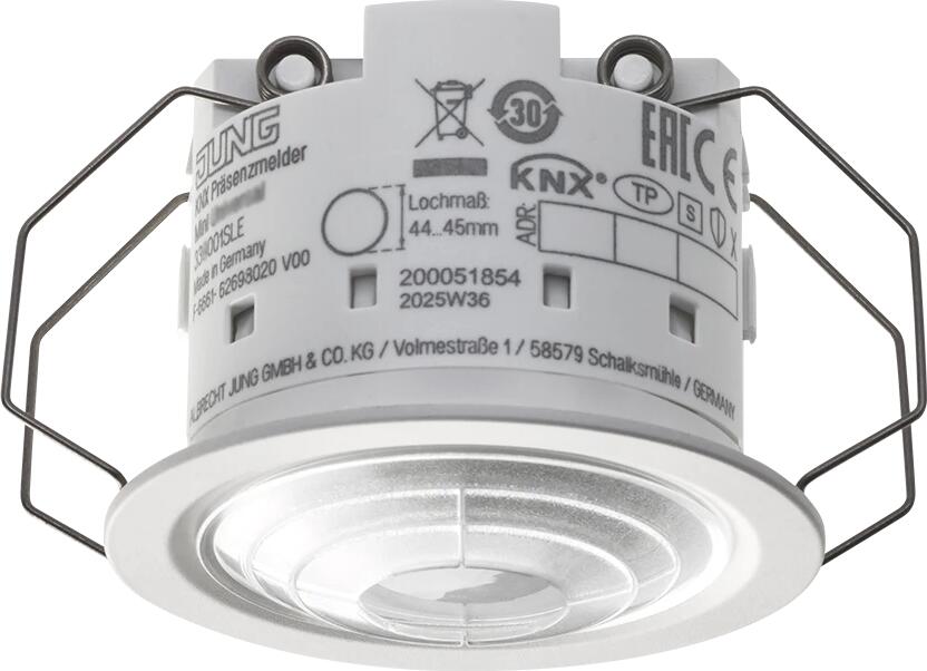Jung 337001SLE KNX Präsenzmelder Mini mit Temperaturmessung, Standard, Secure, IP 44, 3,00 m, helle Linse, alpinweiß