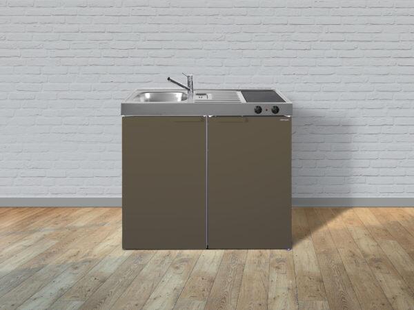 Stengel MK 100 Miniküche, 100cm breit, Abtropffläche rechts, Kühlschrank mit Gefrierfach, Spüle links, mokka metallic (11100 000061 14)