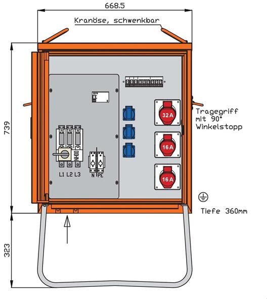Walther Werke WV0270R1 Verteilerschrank 22kVA mit RCD Typ B, 5 LS, 3 CEE-Abgänge 16-32A und 3 Schukos