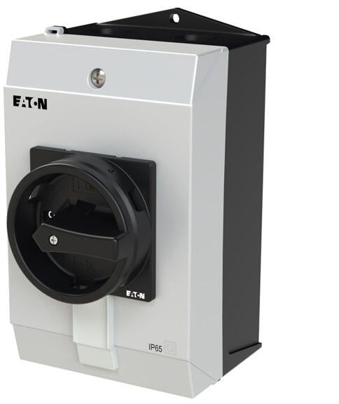 Eaton P1-25/I2H/SVB-SW/HI11 Hauptschalter, P1, 25 A, Aufbau, 3-polig, 1 S, 1 Ö, HALT-Funktion, mit schwarzem Drehgriff und Sperrkranz, abschließbar in