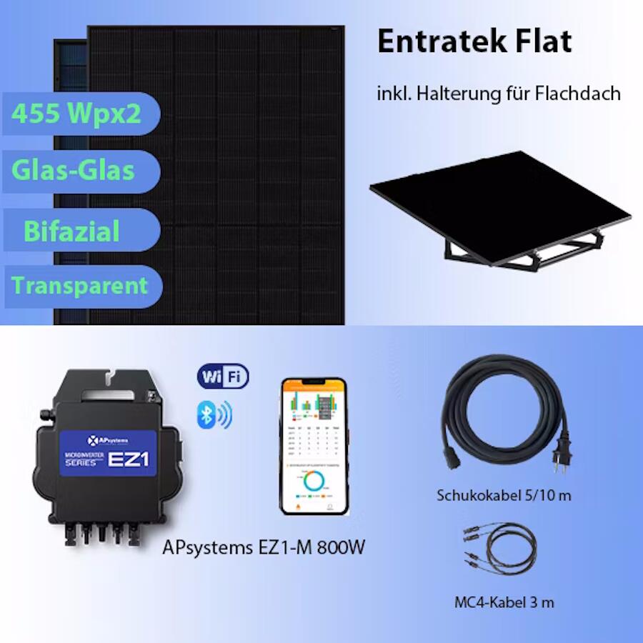 Entratek BKW-F-M-1 Flat M Balkonkraftwerk 800W/ 870 Wp Glas-Glas Komplettset|EZ1-M& AstronergyH 440 W & 5m Schukokabel mit Universal-Montagesystem