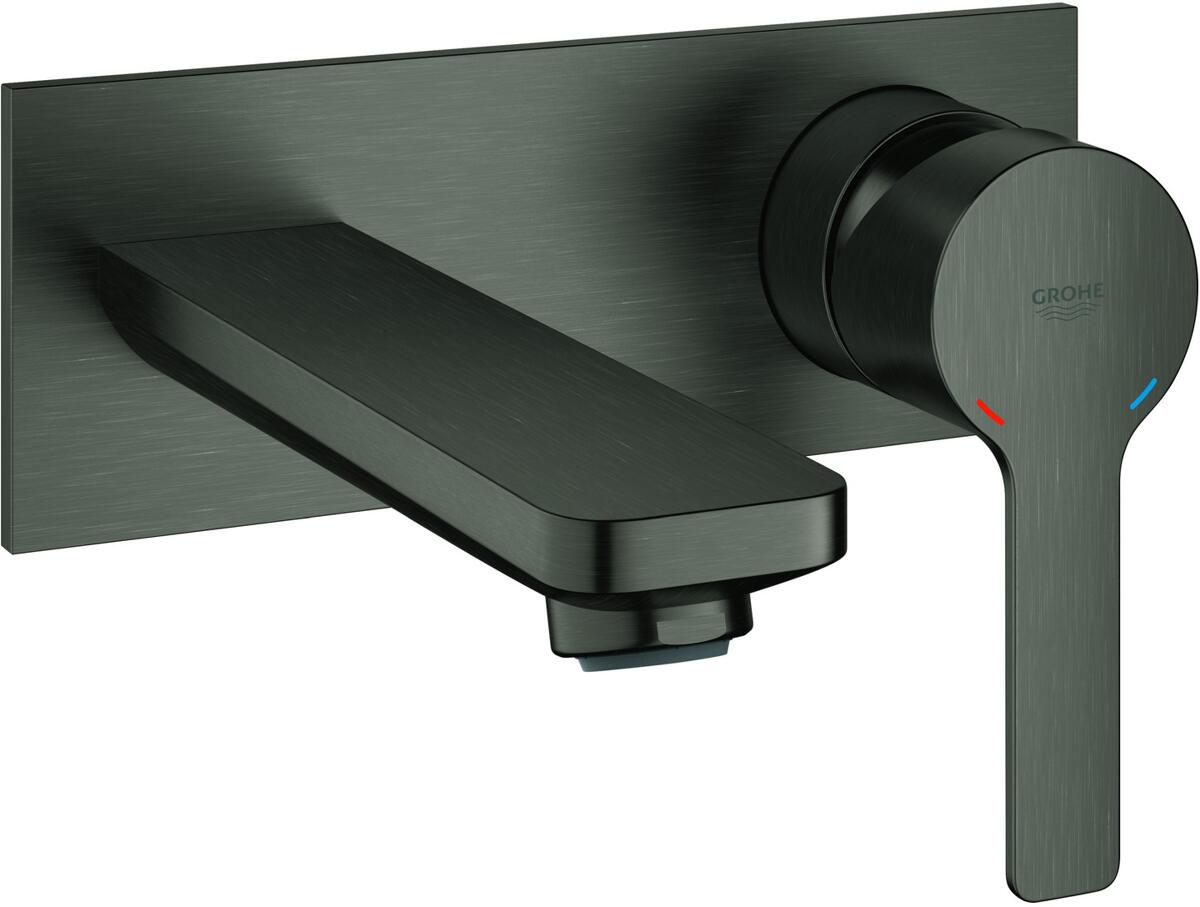 GROHE Lineare 2-Loch-Waschtischbatterie, Wandmontage, Fertigmontageset 23571, Ausladung 149 mm, EcoJoy, hard graphite gebürstet (19409AL1)