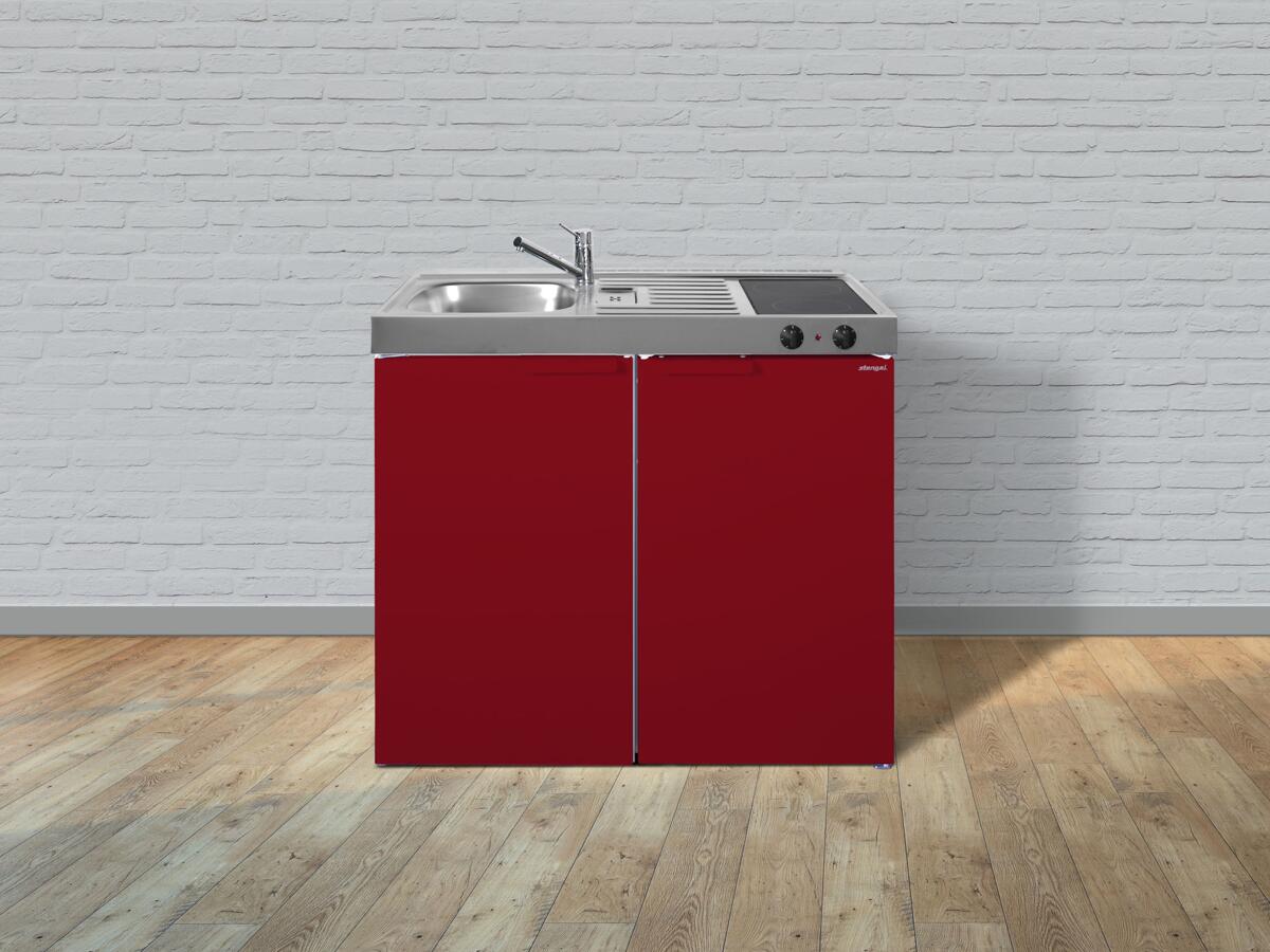 Stengel MK 100 Miniküche, 100cm breit, Abtropffläche links, Kühlschrank mit Gefrierfach, Spüle rechts, bordeaux (11100 000051 03)