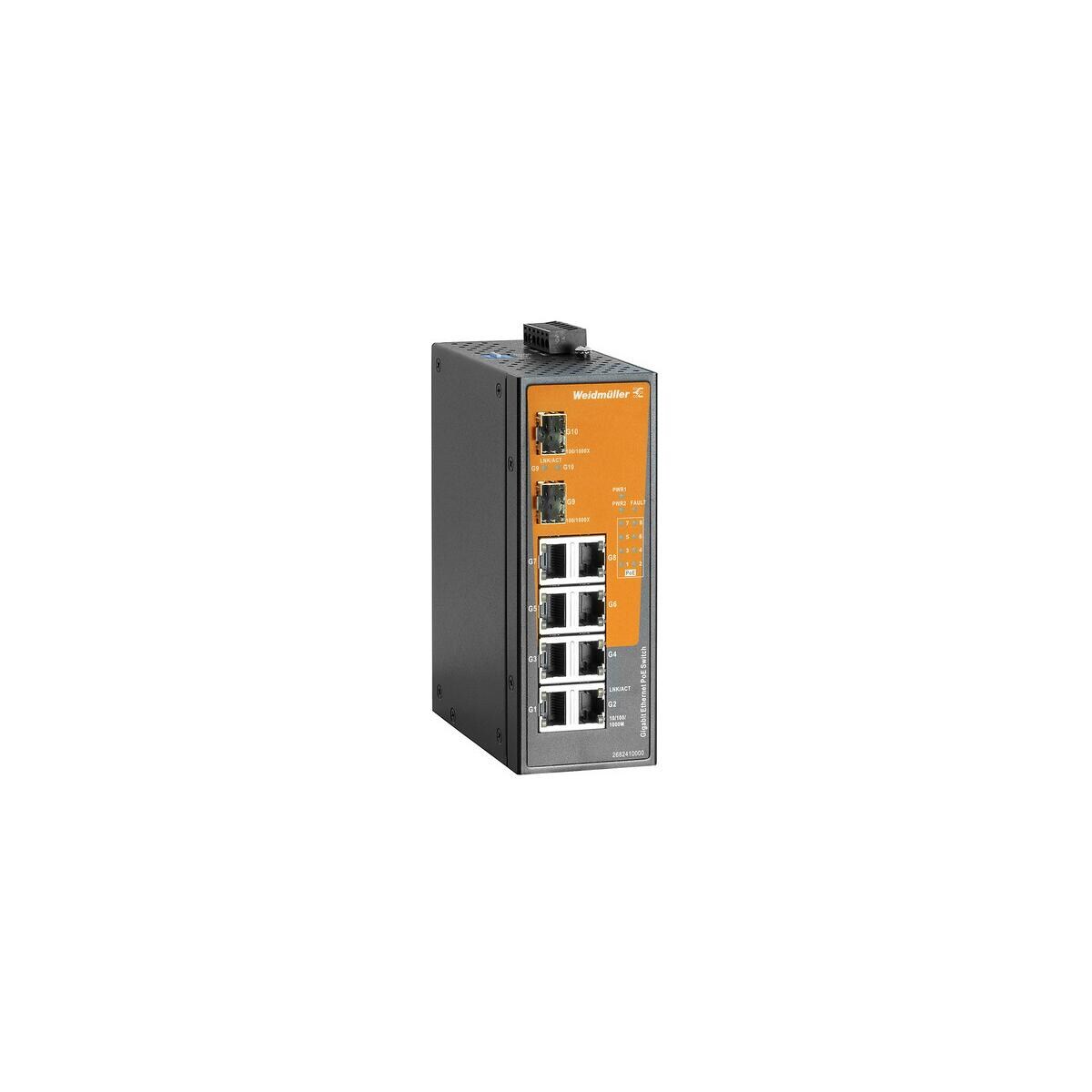 Weidmüller IE-SW-EL10-8GTPOE-2GESFP Netzwerk Switch, unmanaged PoE, Gigabit Ethernet, 8x RJ45 10/100/1000 BaseT(X) PoE+, 2x 100/1000BaseSFP Slot, IP30